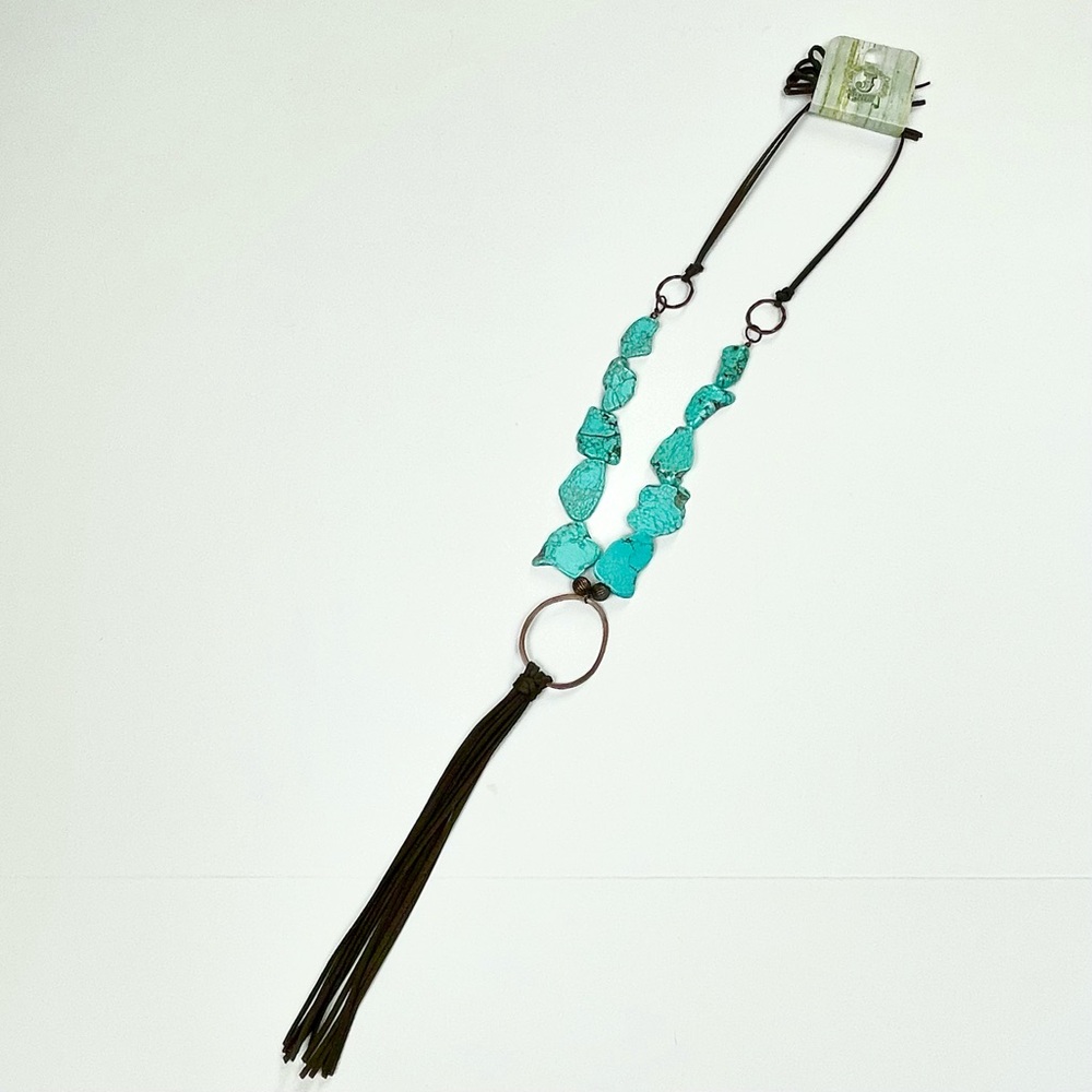 NWT The Jewelry Junkie Turquoise Slab Necklace with Genuine Long Leather Tassel